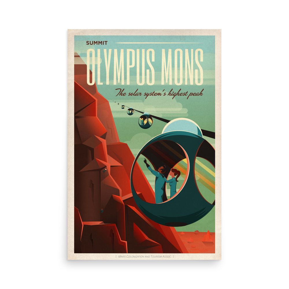 Olympus Mons - SpaceX Mars Travel red teal poster unframed